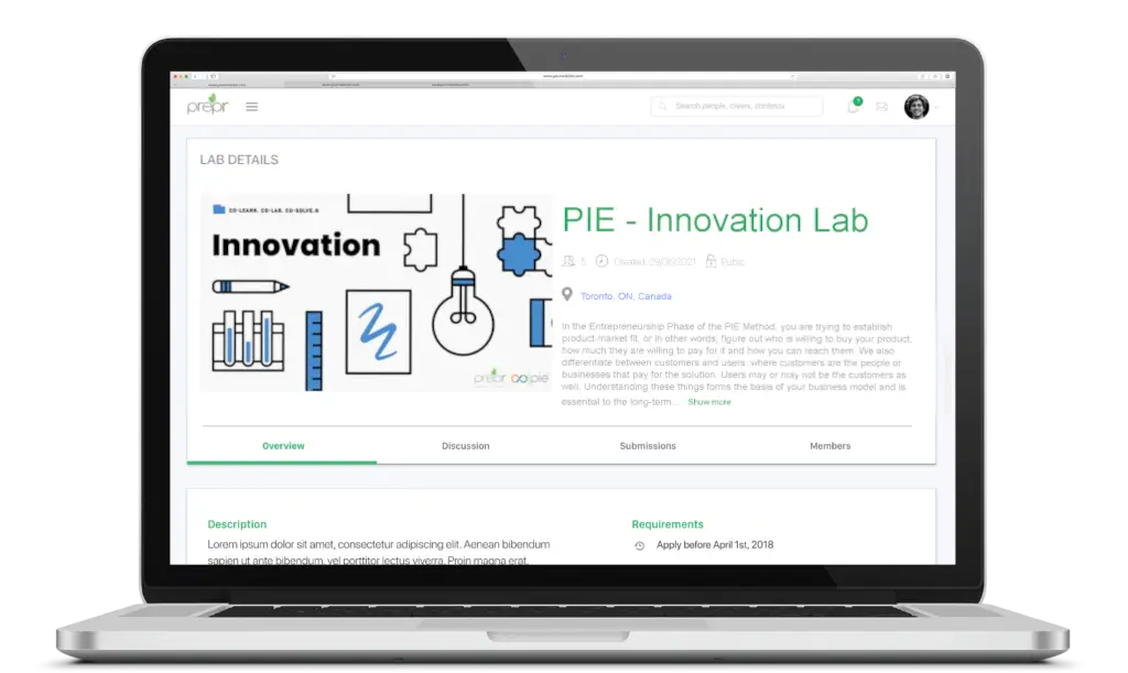 The PreprLabs platform showing the PIE Innovation Lab