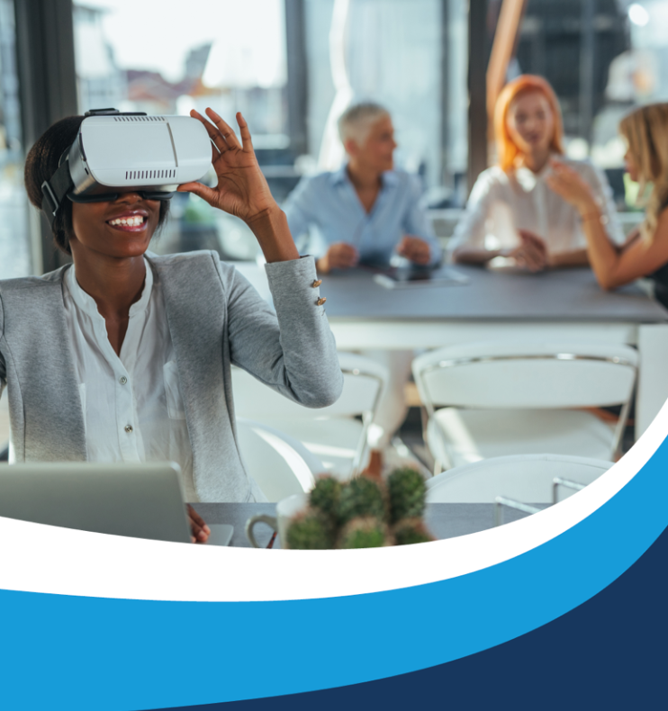 Woman using a VR headset in a collaborative workspace
