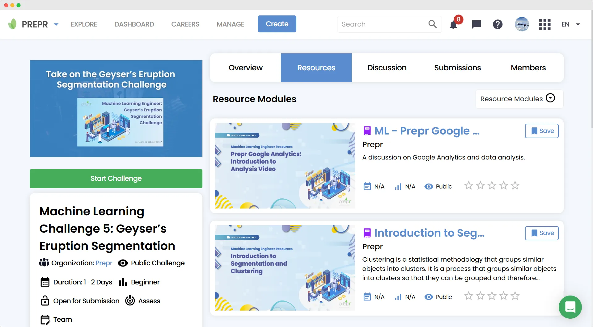 The PreprLabs platform showing learning resources