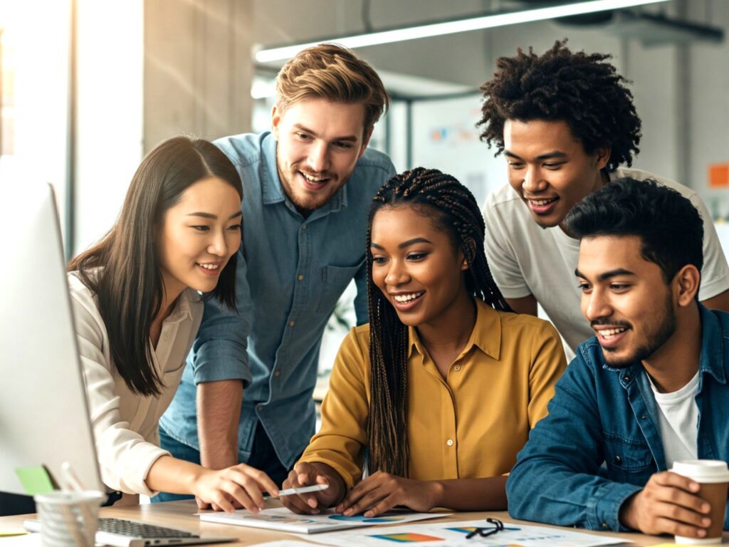 Team collaborating around a computer