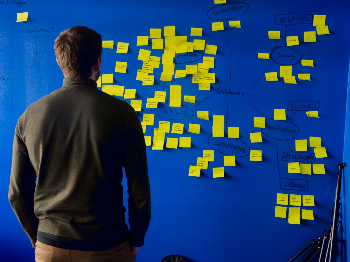 A founder mapping problems and ideas on a sticky-note wall