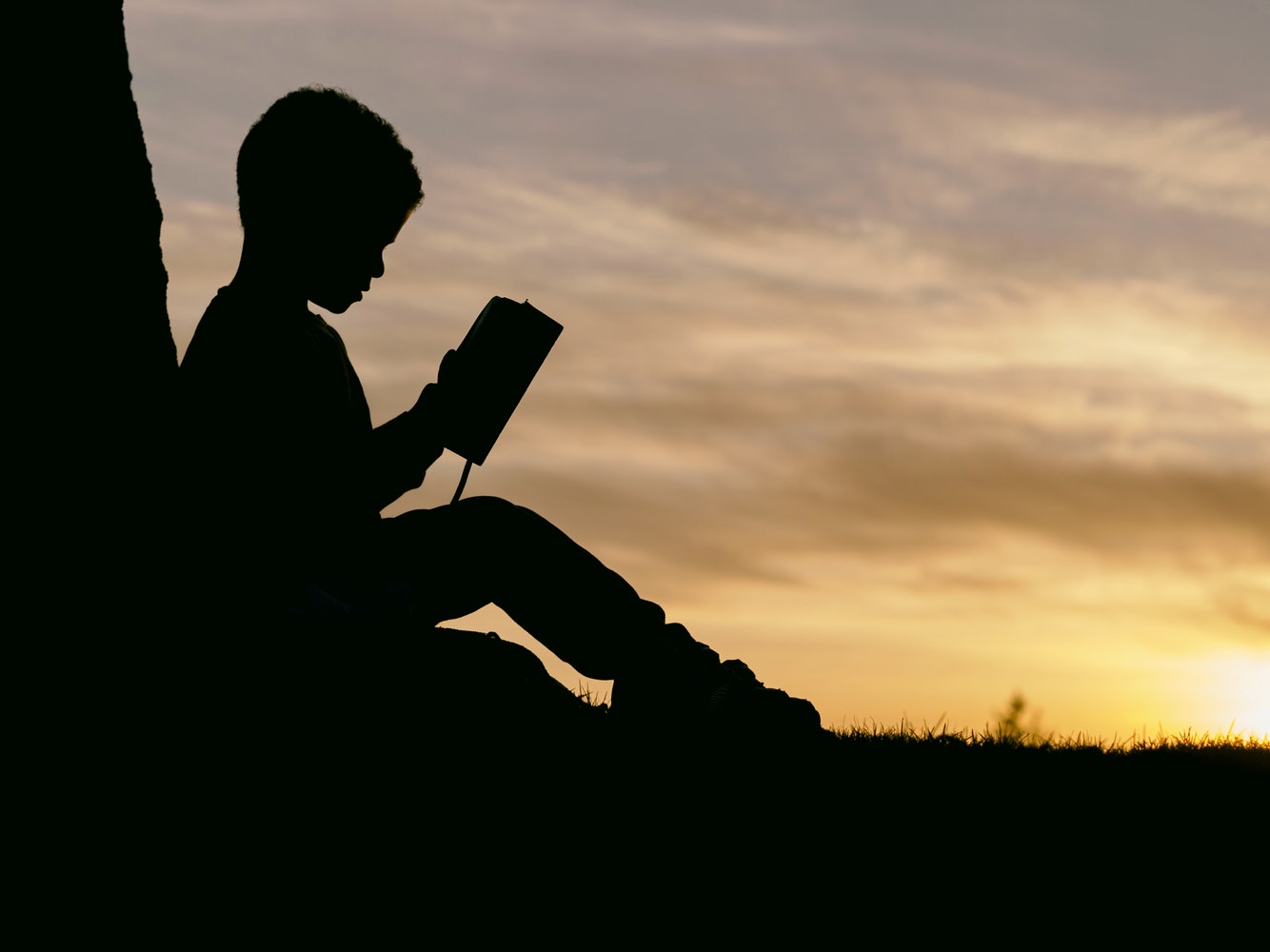 Boy reading by sunset