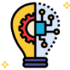 Illustration: ideation, represented by a lightbulb, a gear, and a circuit board.